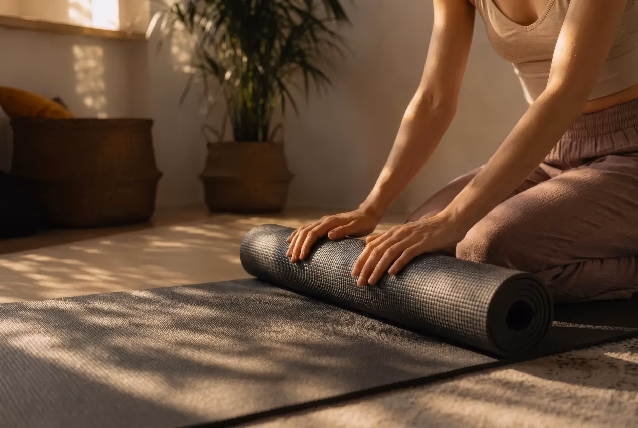 Hands rolling up a yoga mat at the end of a class