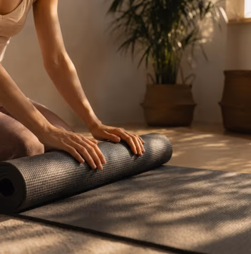 Hands rolling up a yoga mat